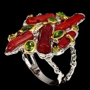 Exquisite Natural Red Coral Chrome Diopside Ring